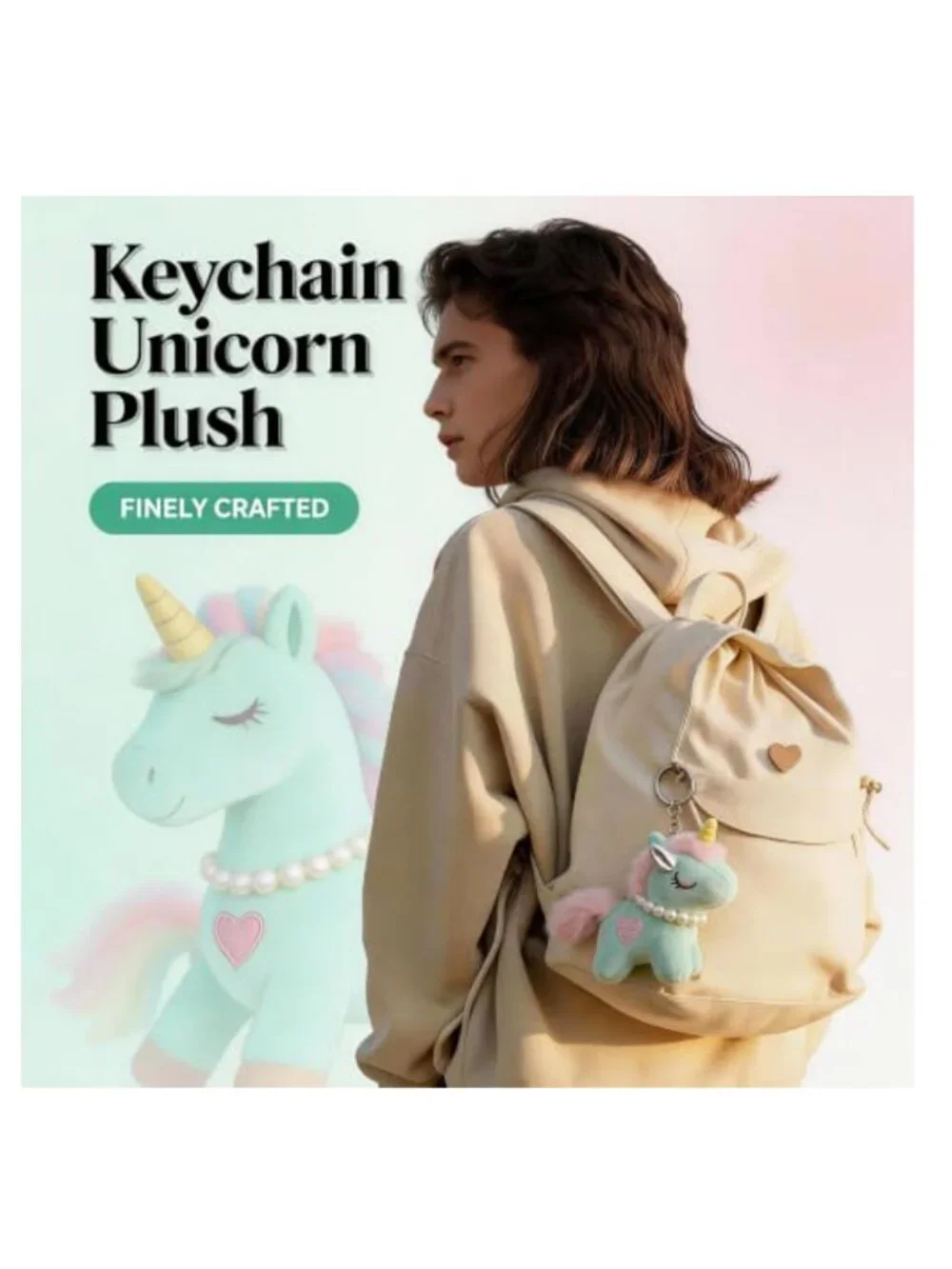 Unicorn Plush Keychain Charm with Lobster Clasp, Soft Stuffed Animal Keyring